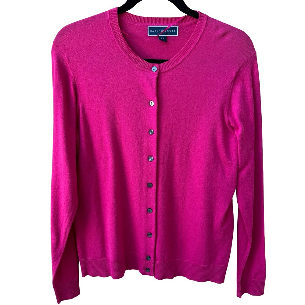 Karen Scott Barbiecore Preppy Layering Cozy Jersey Cardigan Sweater Pink L NEW